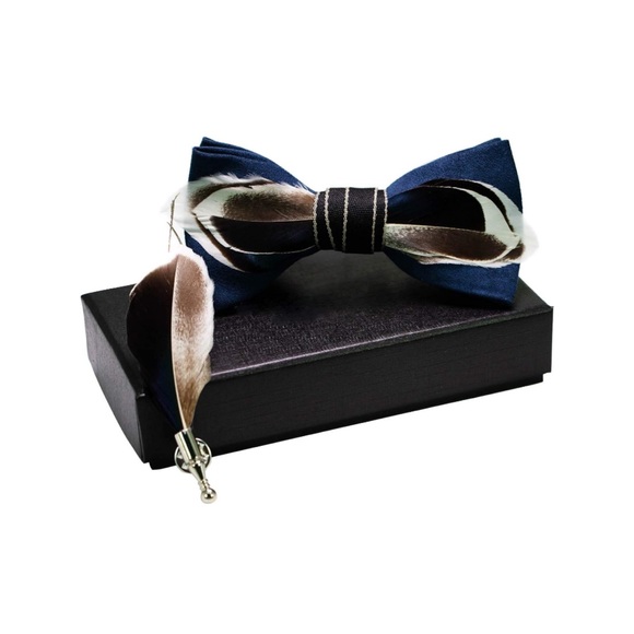 Men’s Feather Pre Tied Bow Tie and Matching Lapel Pin Gift Box Set Brown Blue - Picture 3 of 3